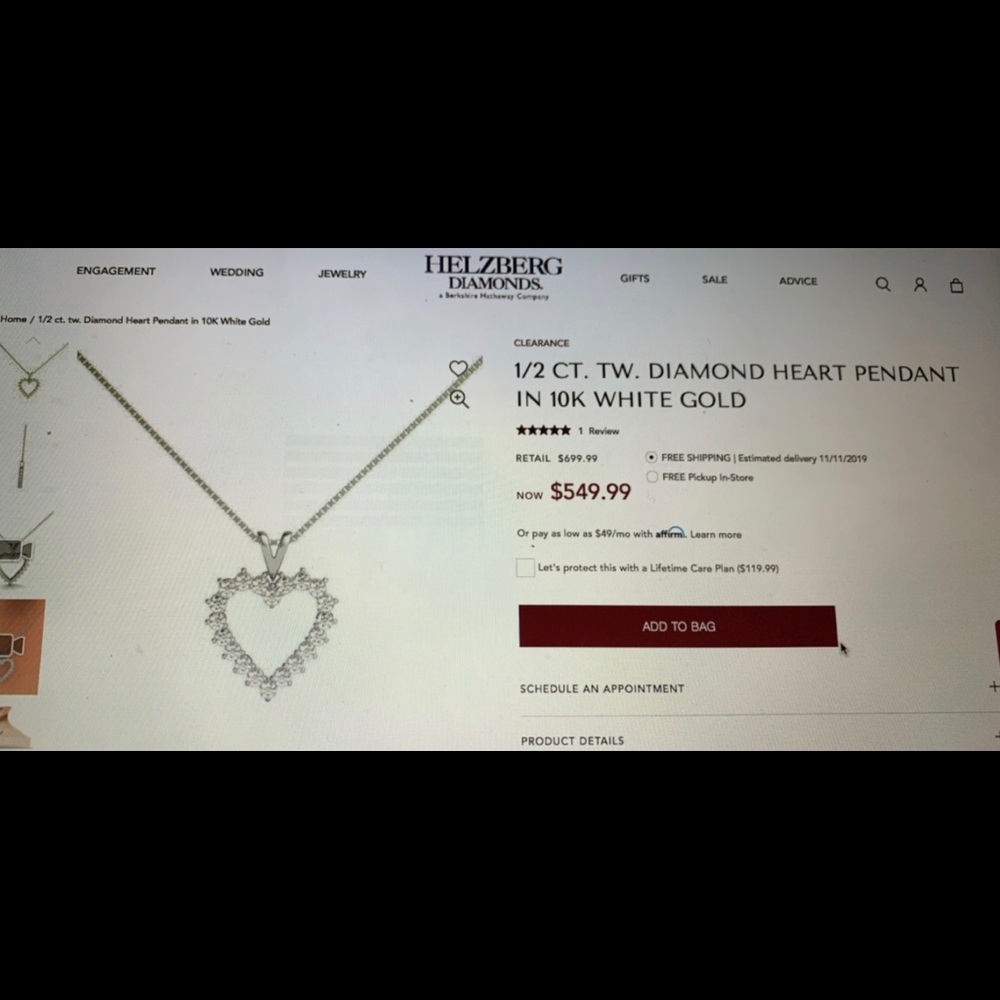 1/2 carat heart diamond pendant in white gold